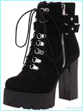 Gothic Platform Combat Booties Lace Up Chunky High Heel Ankle Boots